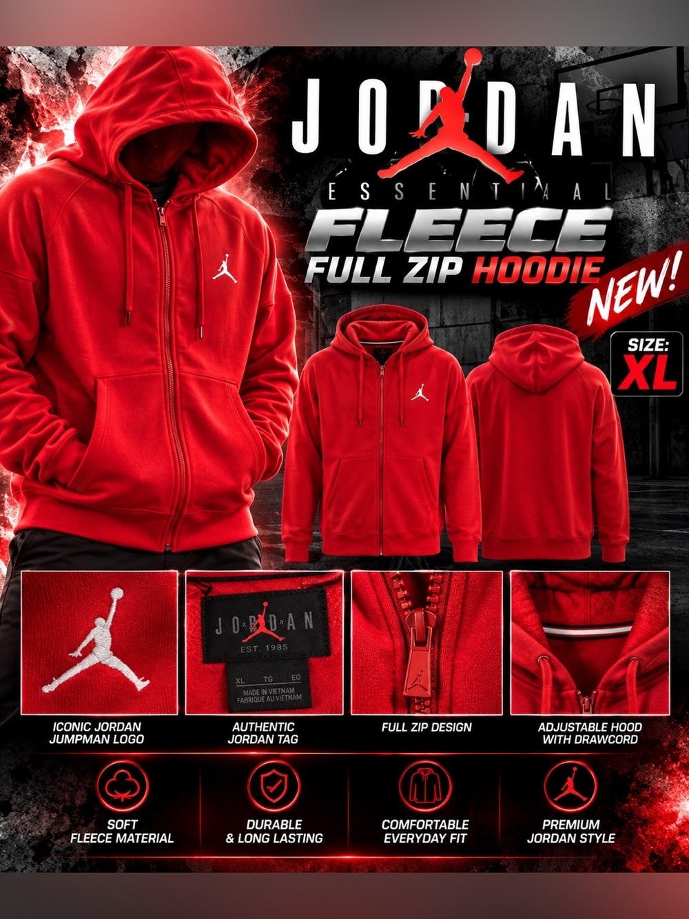 Jordan Red Super Soft Zip-Up Hoodie with White Jumpman🔥New! Size: XL